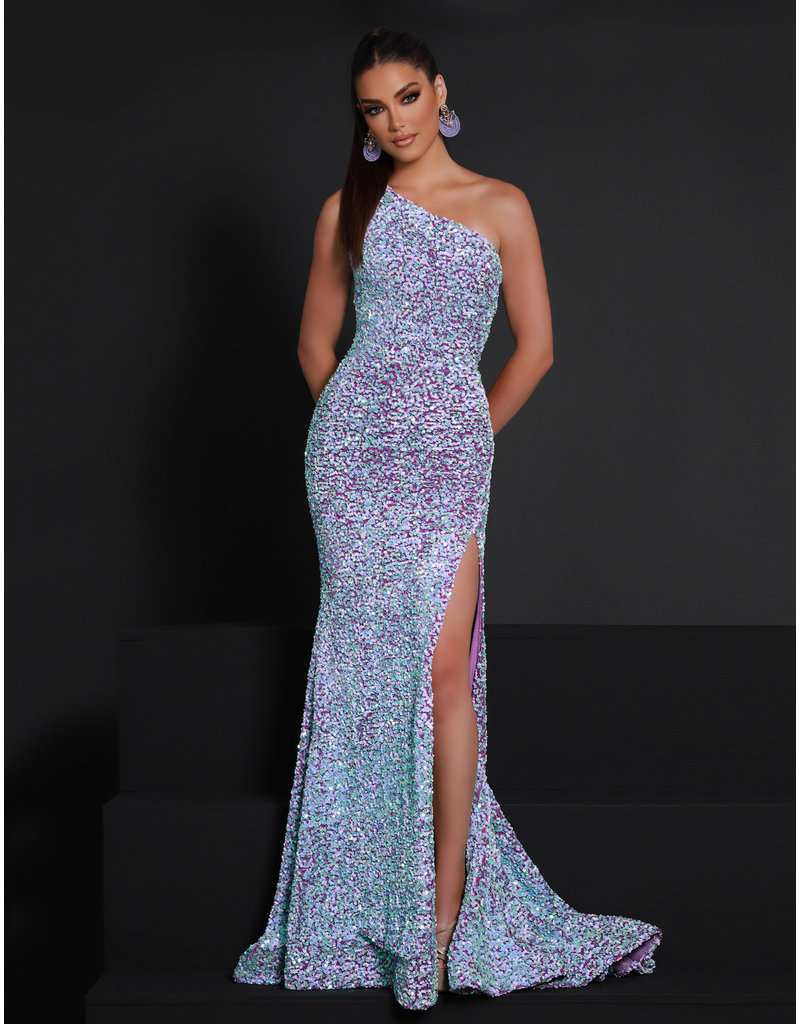 One shoulder sequin fitted corset back gown 23209