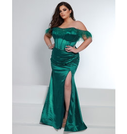 Off the shoulder feather fitted corset back gown 23210