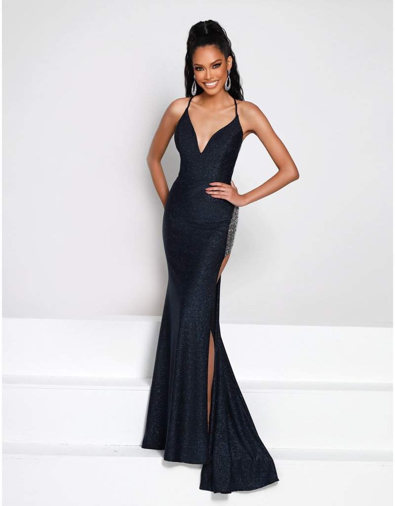 Glitter jersey fitted gown w/beaded leg slit 23438