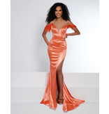 Spaghetti strap beaded fitted gown w/leg slit and feathers 23230