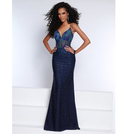 Fitted sheer bodice beaded rouched waist gown 23238