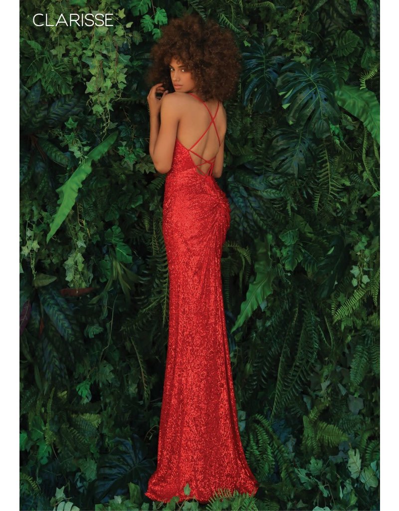 Fitted stretch sequin gown w/ a deep v neck, leg slit, a lace up back 8005
