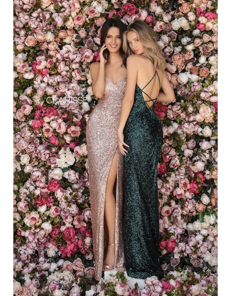 Fitted stretch sequin gown w/ a deep v neck, leg slit, a lace up back 8005