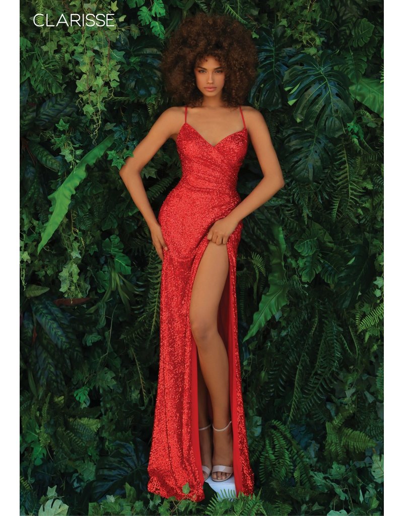 Fitted stretch sequin gown w/ a deep v neck, leg slit, a lace up back 8005