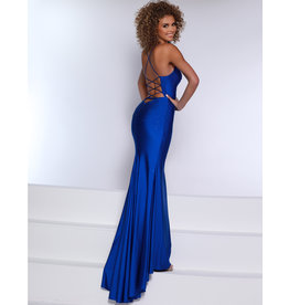 Fitted beaded jersey spaghetti strap corset back gown 20162