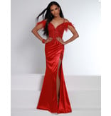 Beaded lace corset bodice fitted gown w/leg slit 23207