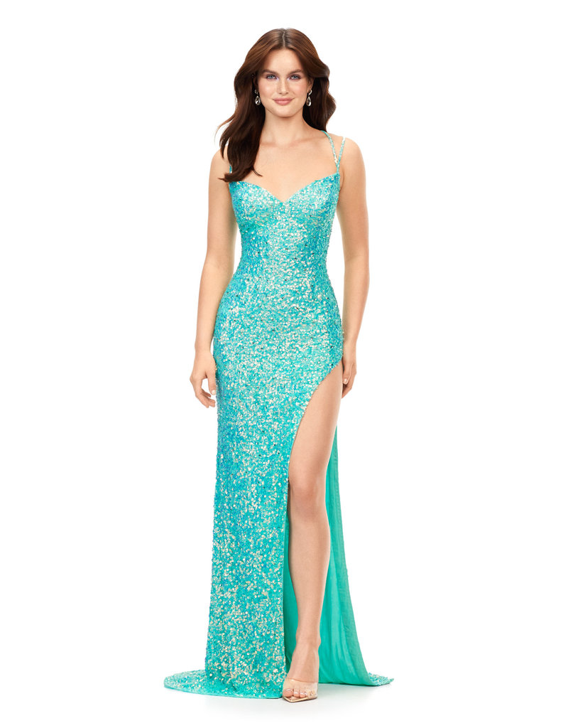 Sequin fitted spaghetti strap corset back gown 11342