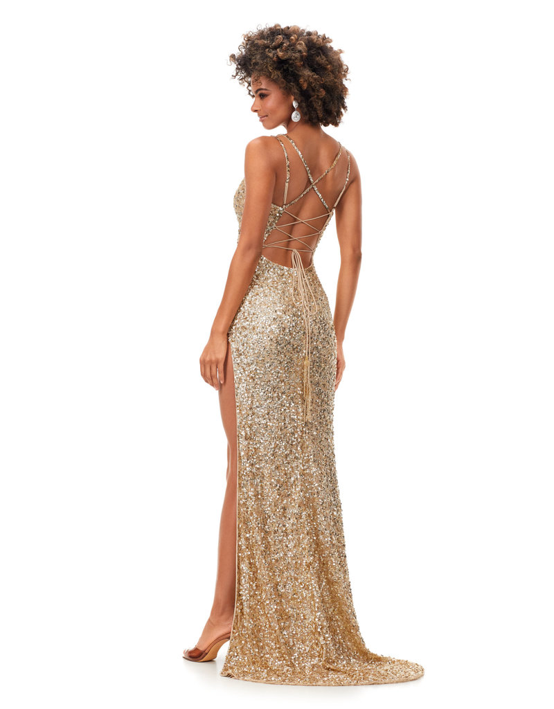 Sequin fitted spaghetti strap corset back gown 11342