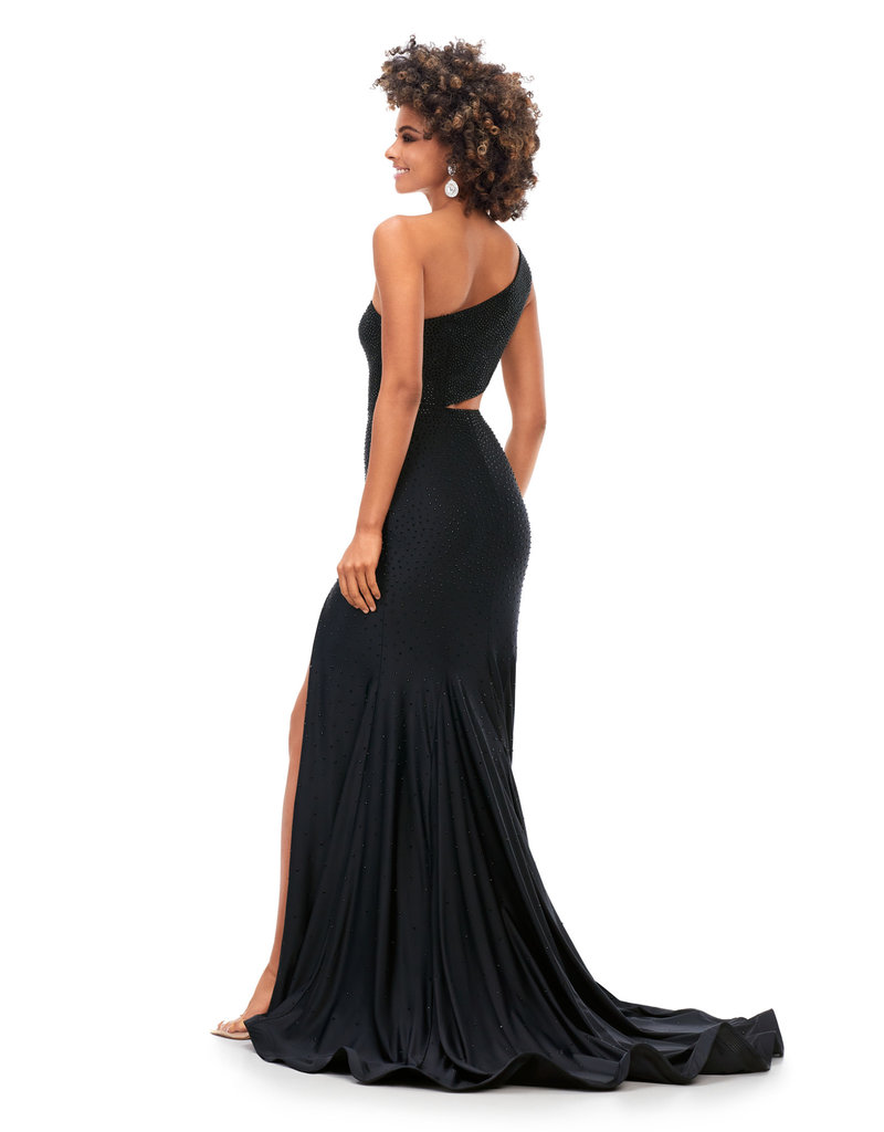 One shoulder side cut out fitted beaded gown 11337