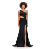 One shoulder side cut out fitted beaded gown 11337
