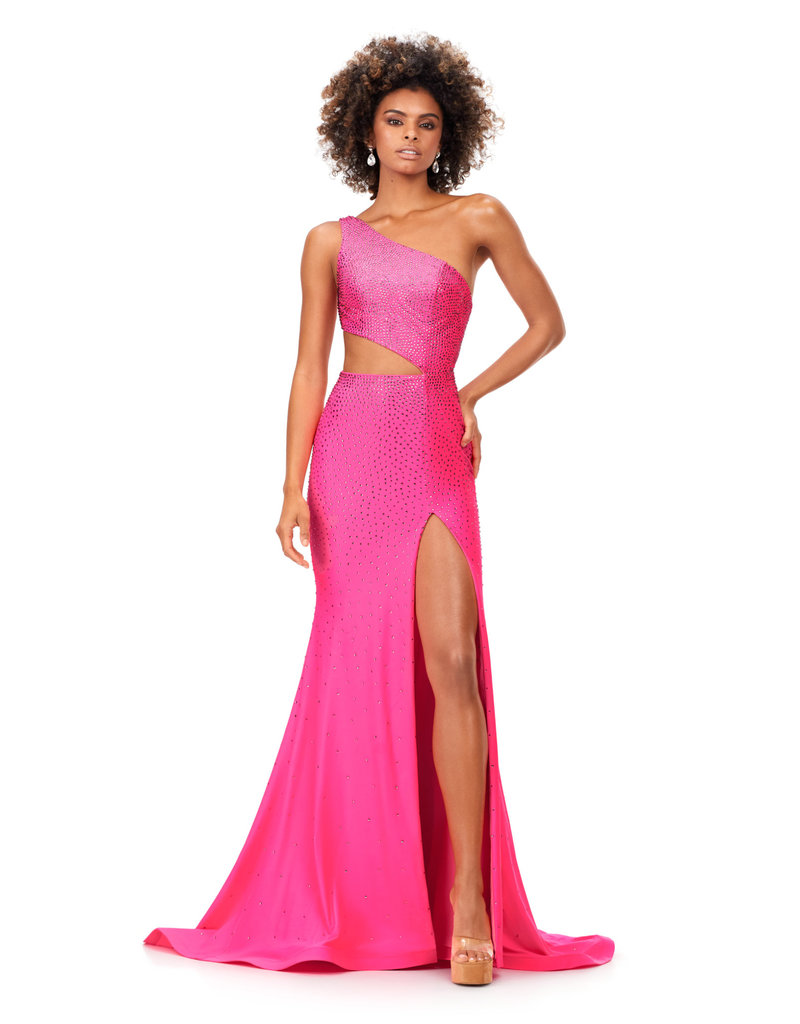 One shoulder side cut out fitted beaded gown 11337