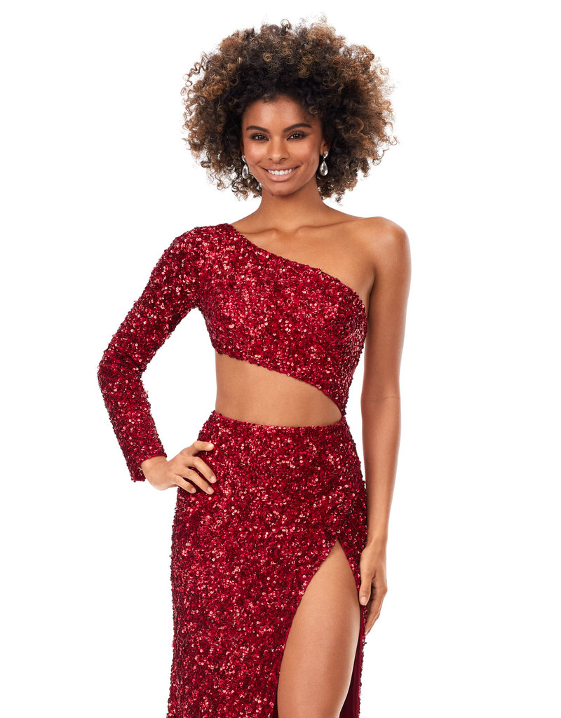 SEQUIN ONE SHOULDER GOWN W/ SLEEVE 11340