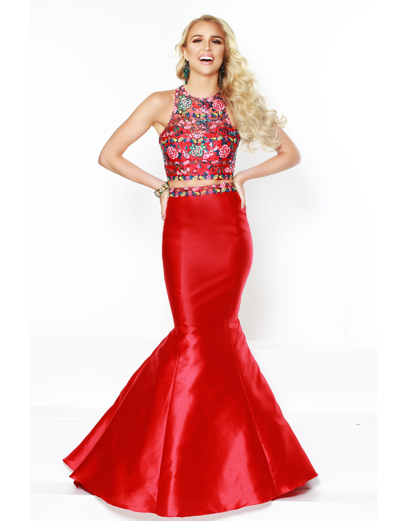Shimmer Satin, high neck, embroidered bodice 2-piece mermaid gown