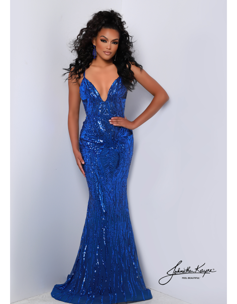 Spaghetti strap sequin deep v-neck fitted gown 2704