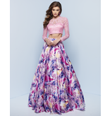 Satin, 2-piece long sleeve lace top with a printed ballgown skirt