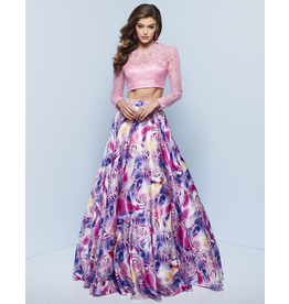 Satin, 2-piece long sleeve lace top with a printed ballgown skirt