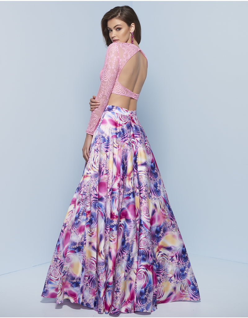 Satin, 2-piece long sleeve lace top with a printed ballgown skirt
