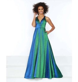 Shimmer mikado halter criss cross back a-line gown with pockets