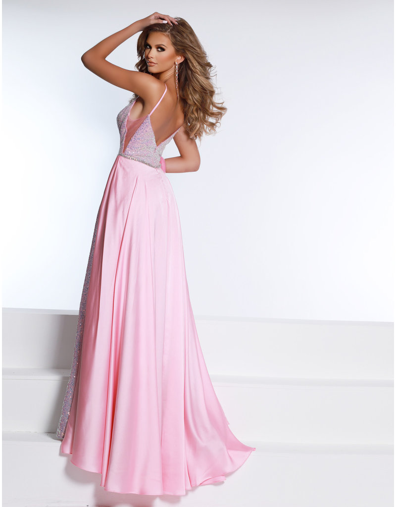 Spaghetti strap sequin a-line gown w/wrap skirt 23439