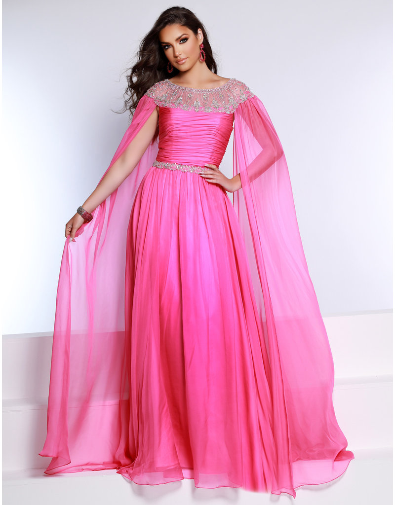 Chiffon beaded high neck a-line gown w/shoulder cape 23406