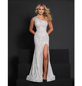 One shoulder lace fitted gown w/leg slit 23424