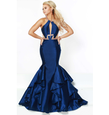 Shimmer Satin, high neck open back beaded mermaid