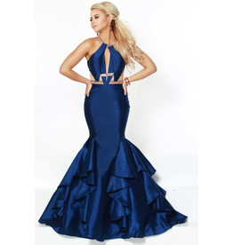 Shimmer Satin, high neck open back beaded mermaid
