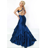 Shimmer Satin, high neck open back beaded mermaid