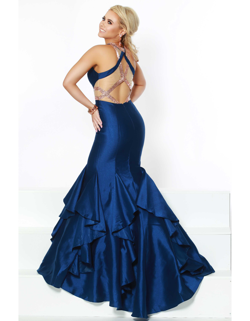 Shimmer Satin, high neck open back beaded mermaid