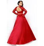 Sparkle lace/shimmer satin duo, 2 piece gown with long sleeves and shorts completed by a overlay with a slit