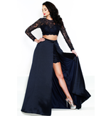 Sparkle lace/shimmer satin duo, 2 piece gown with long sleeves and shorts completed by a overlay with a slit