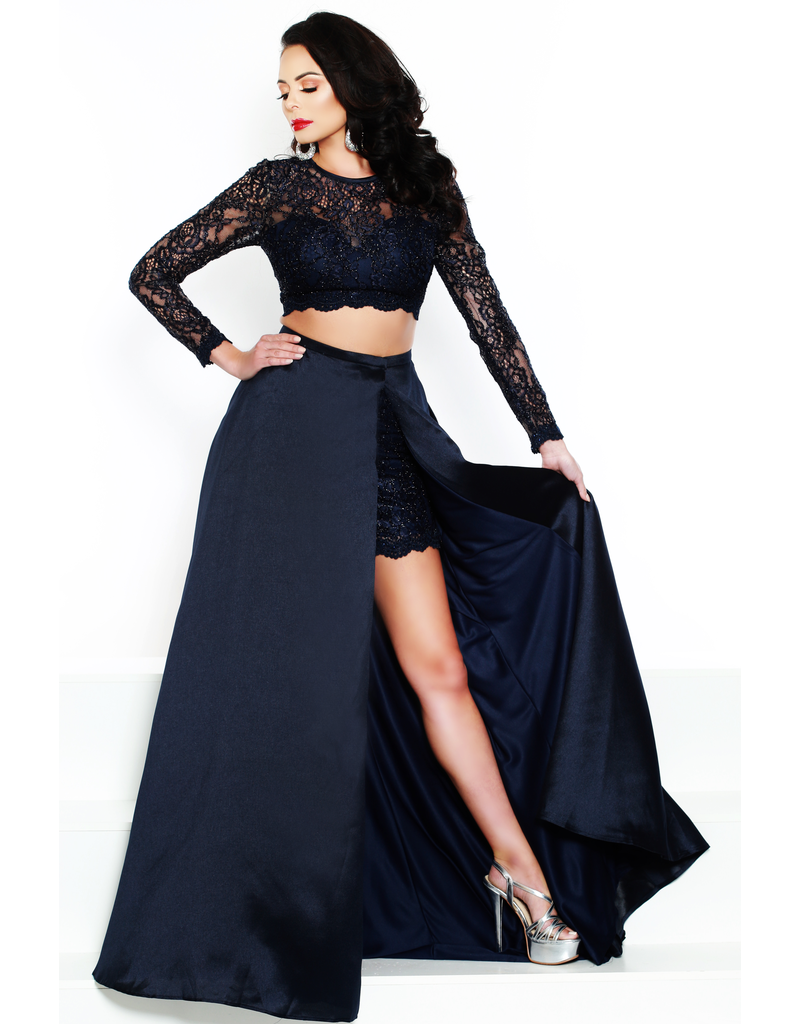 Sparkle lace/shimmer satin duo, 2 piece gown with long sleeves and shorts completed by a overlay with a slit