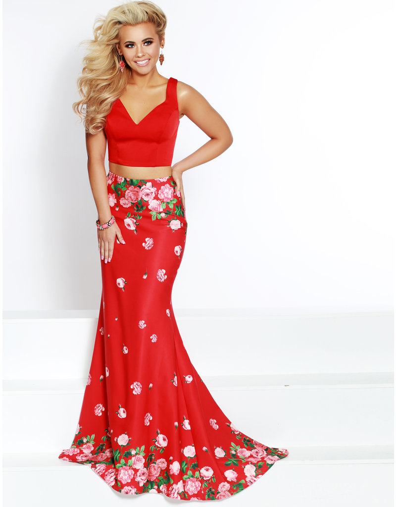 Stretch Satin, floral 2 Piece gown with tank straps and lace up back