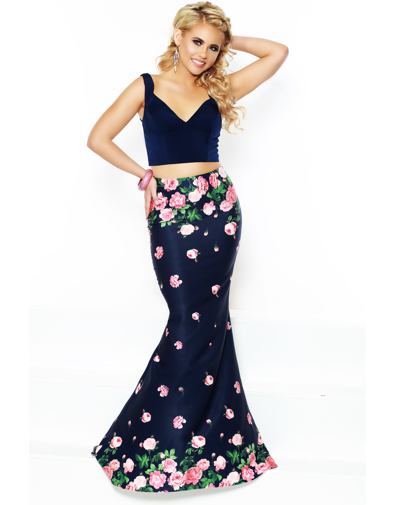 Stretch Satin, floral 2 Piece gown with tank straps and lace up back