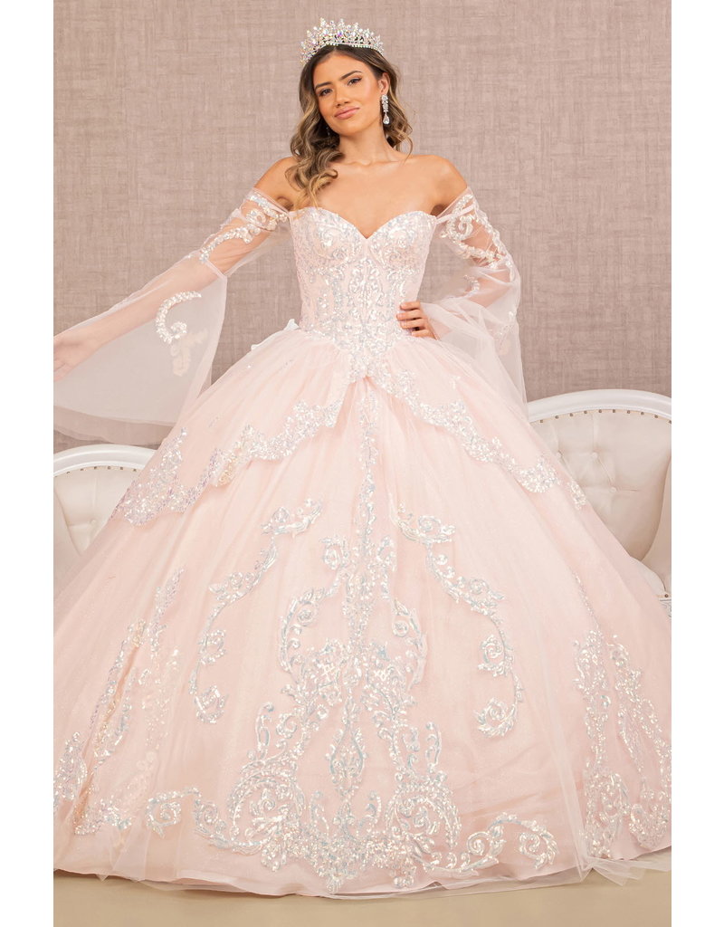 GLS Collective Glitter Layered Hem Quinceanera Gown w/ Long Mesh Sleeve -3109