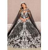GLS Collective Floral Pattern Glitter Quinceanera Gown w/ Long Mesh Cape  3168