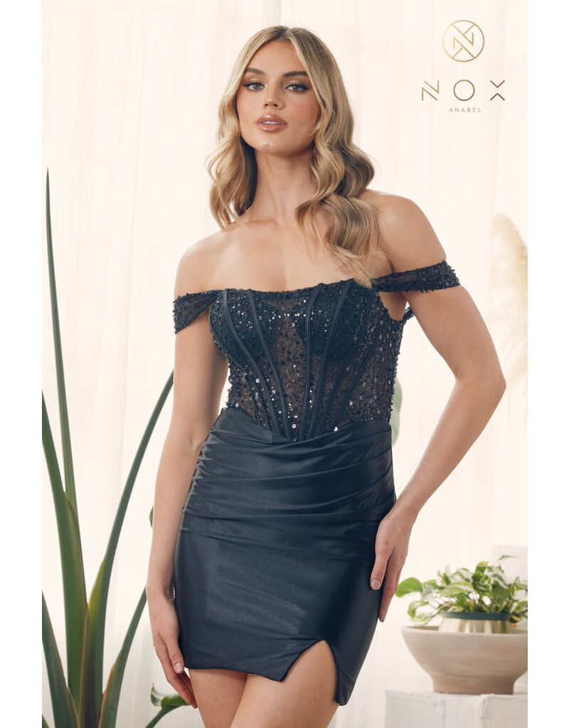Beaded corset bodice off the shoulder short fitted gown R805