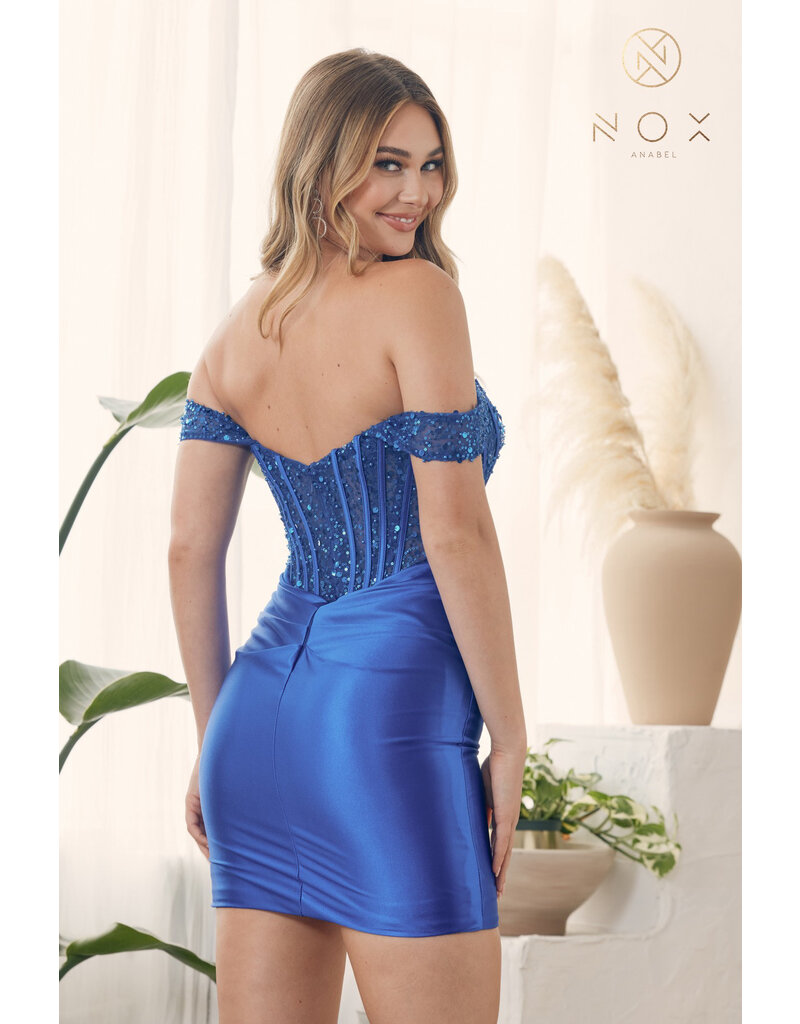 Beaded corset bodice off the shoulder short fitted gown R805