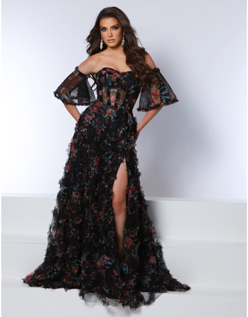 Strapless floral gown with detachable sleeves 24383