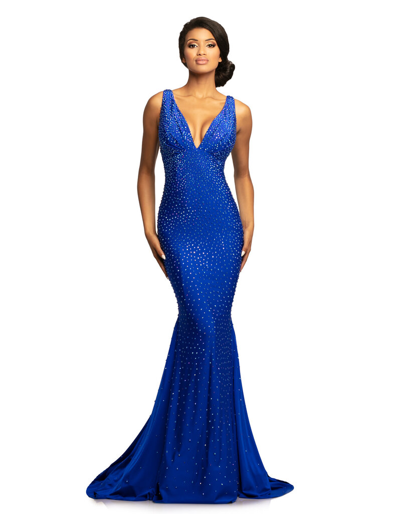 Beaded, jersey fitted tank strap mermaid gown 9213