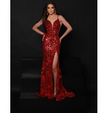 Sequin fitted gown w/feather leg slit 23191