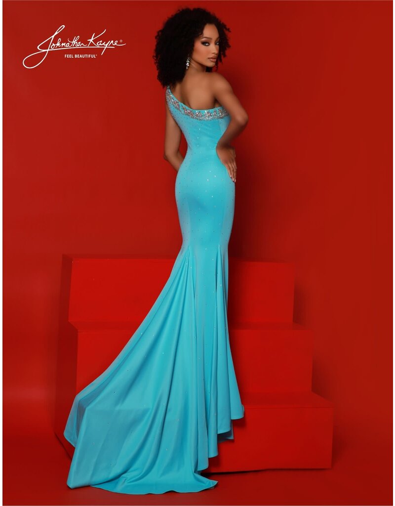 One shoulder fitted beaded gown w/leg slit 2896