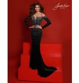 Off the shoulder beaded long sleeve fitted velvet gown 2910