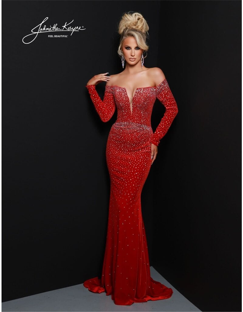 Off the shoulder beaded long sleeve fitted velvet gown 2910