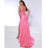 One shoulder fitted sequin gown w/lace corset bodice 24014