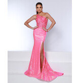 One shoulder fitted sequin gown w/lace corset bodice 24014