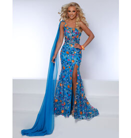 One shoulder floral sequin fitted gown w/arm cape 24076