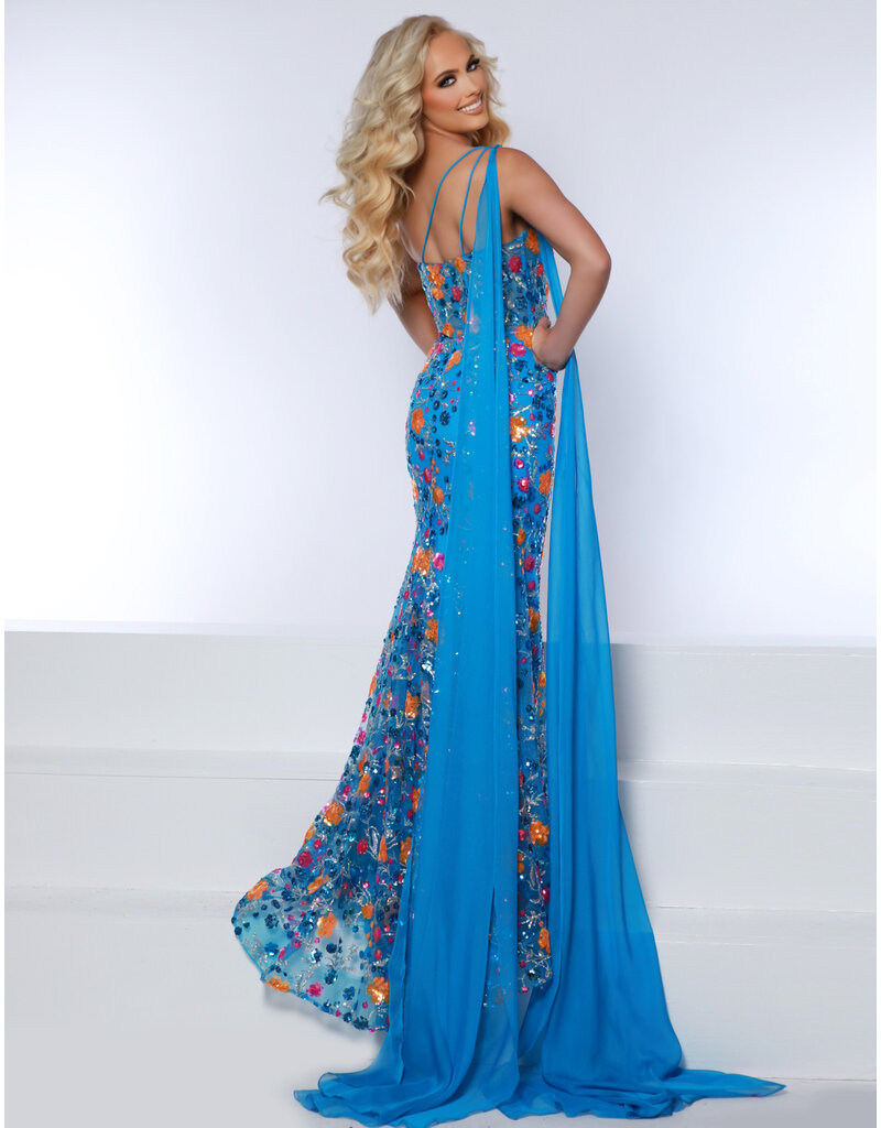 One shoulder floral sequin fitted gown w/arm cape 24076