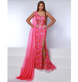One shoulder floral sequin fitted gown w/arm cape 24076