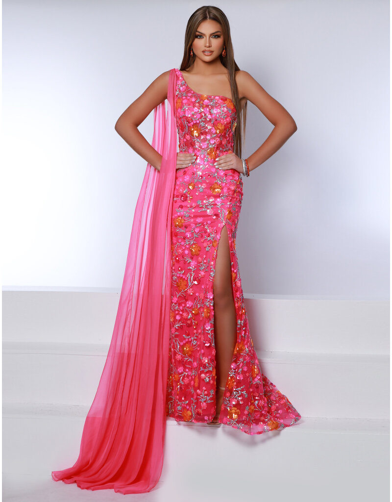 One shoulder floral sequin fitted gown w/arm cape 24076